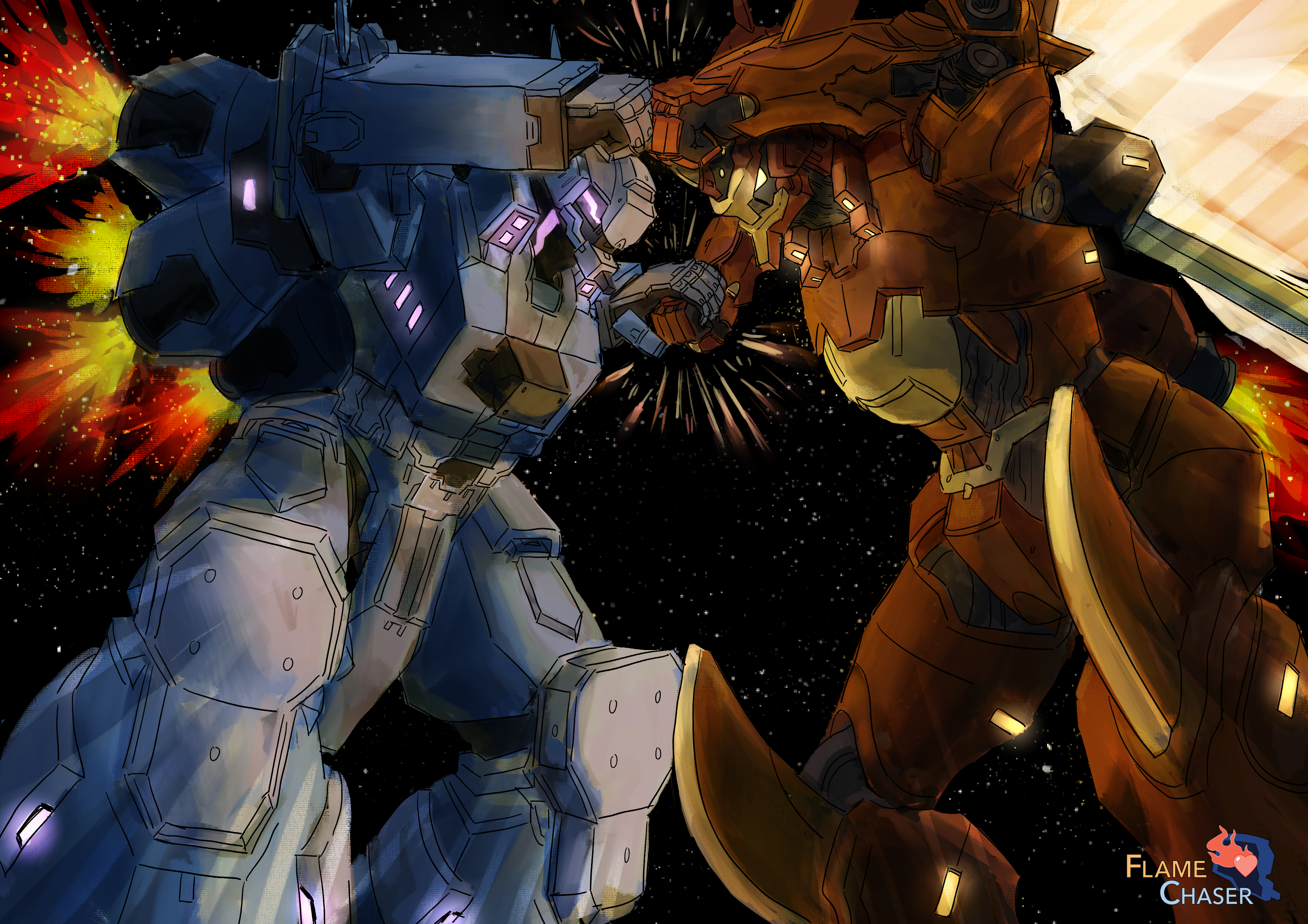 Game screenshot of the Penguin and Phoenix Heart grappling each other