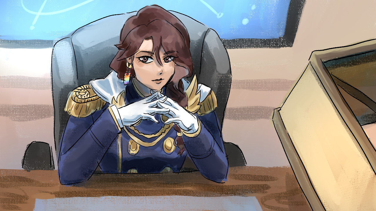 Game screenshot of Major Grace brooding at her desk