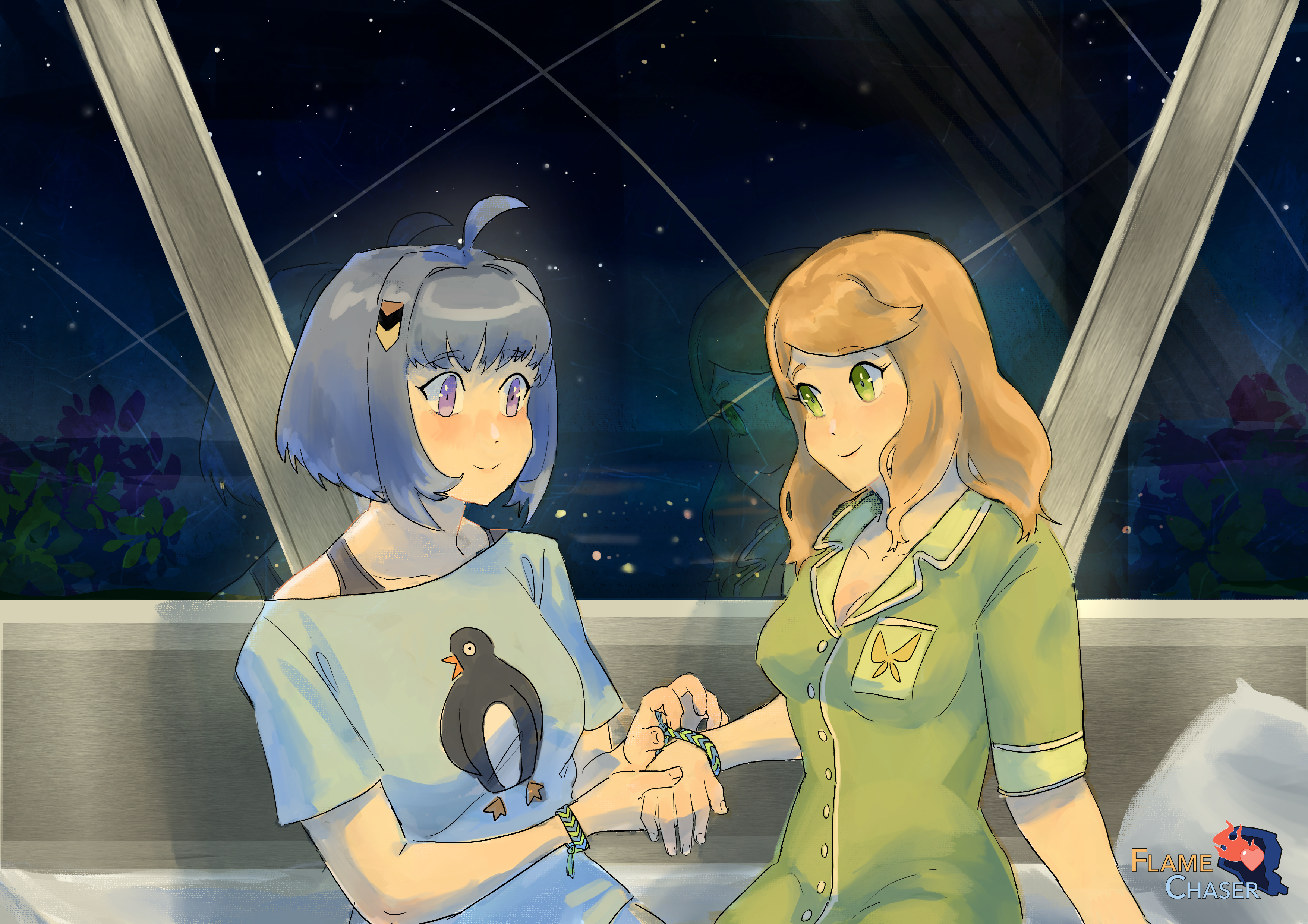 Game screenshot of Haneko and Karahara exchanging friendship bracelets